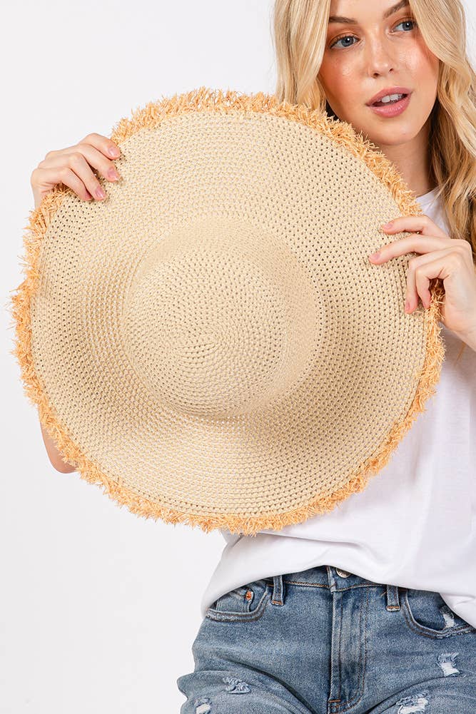 Hana - Vendita all'ingrosso Cappello di paglia - Donna - Cappello Estivo di Paglia a Tesa Larga Bicolore con Bordo Sfilacciato9