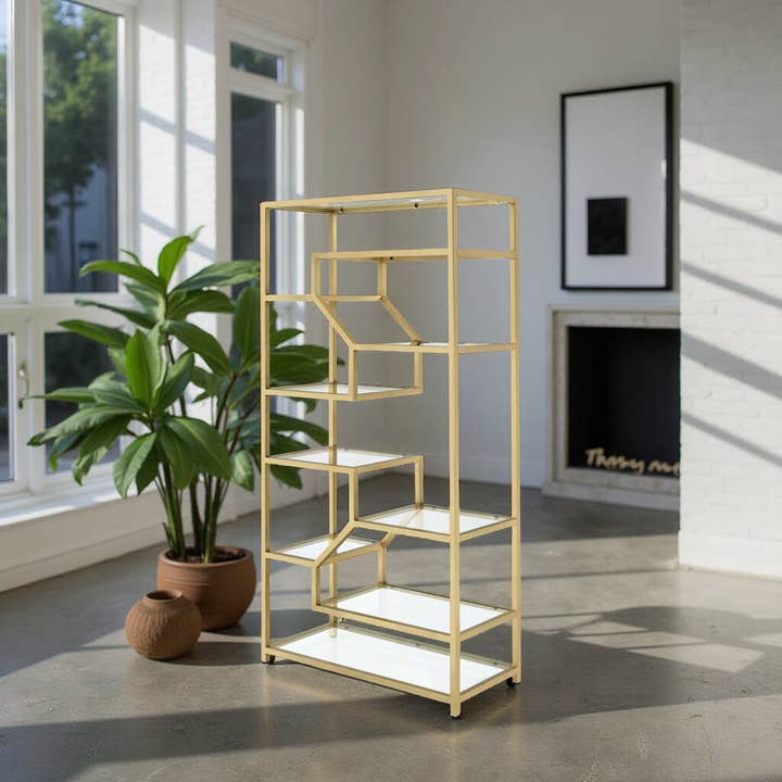 Greenwestons - Wholesale Bookcase - Modern 9-Shelf Gold Bookcase - 77"Height Glass Display Shelf1