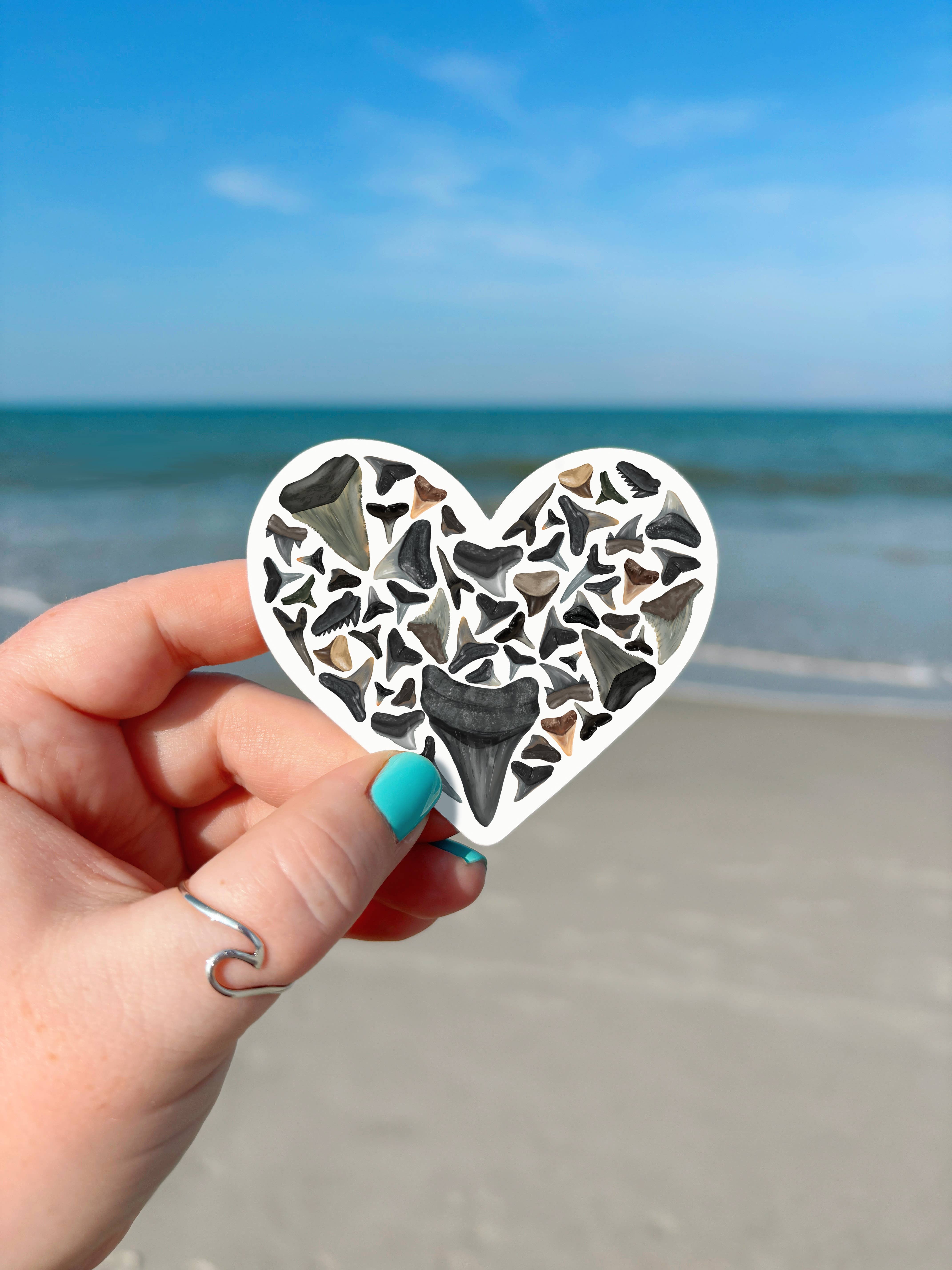 25 Sweetpeas - Wholesale Sticker - Shark Tooth Lover Sticker, Beach Sticker, Shark Tooth Heart