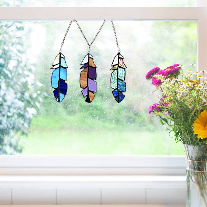 River of Goods - Wholesale Suncatcher - Set of 3 - 6"H Aleyna Multicolor Feather Window Panel3