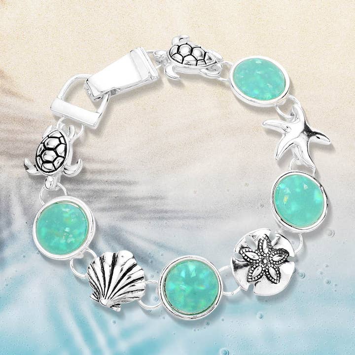 Sensibling Corp. - Wholesale Charm/Dangle Bracelet - Sea Glass Embossed Metal Sea Life Magnetic Link Bracelet
3