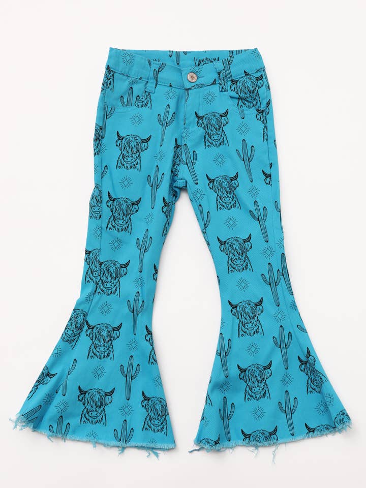 Baby Girls Blue Cows Cactus Printed Flare Jeans for wholesale by sassy kids palace