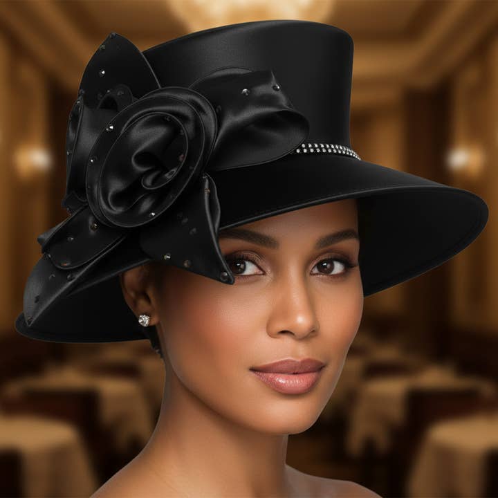 YR0845 - Black Satin Rose Statement Brim Hat for wholesale by Maspros