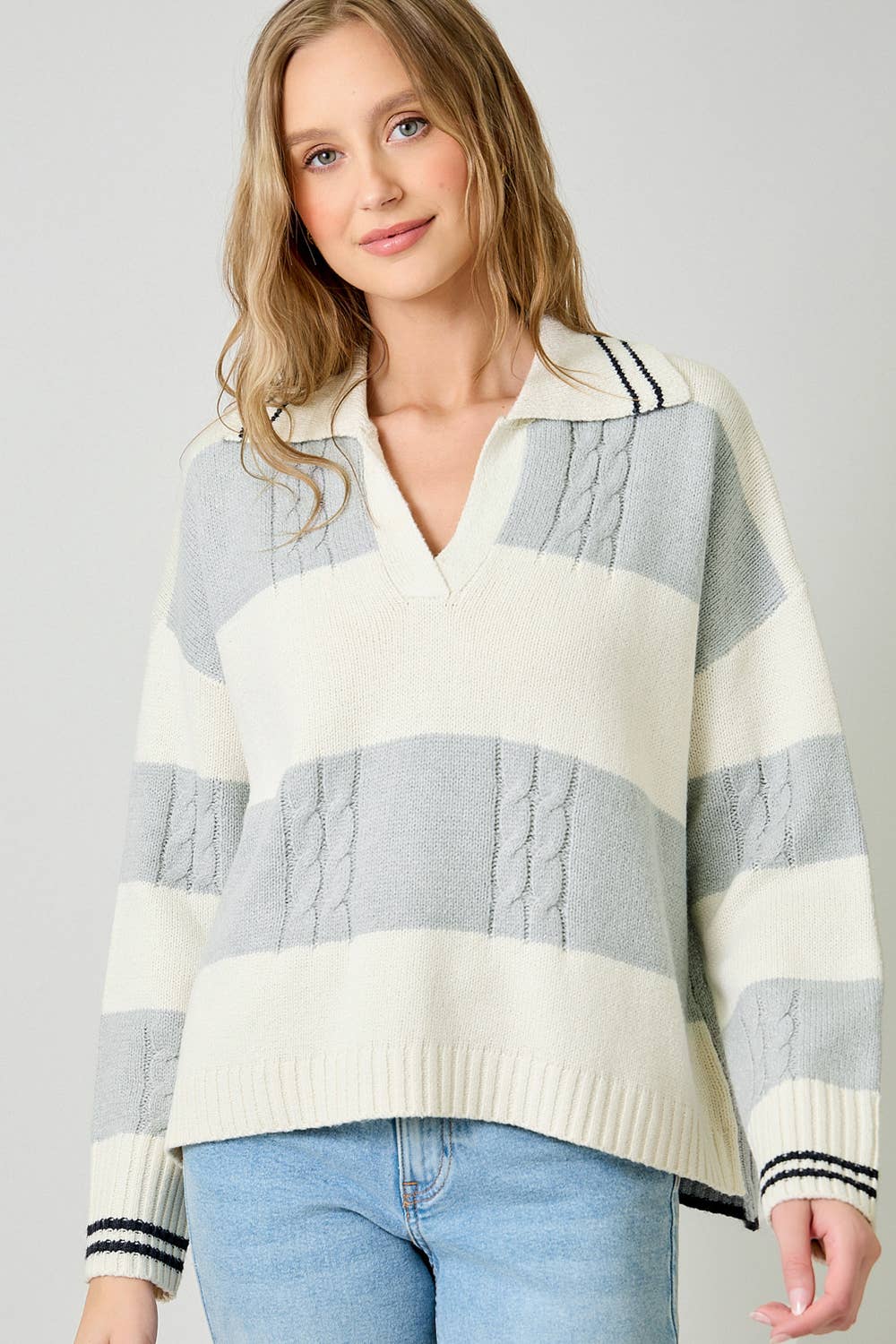 Mystree - Wholesale Knit Sweater - Women's - 60899 V-Neck Multistripe Sweater