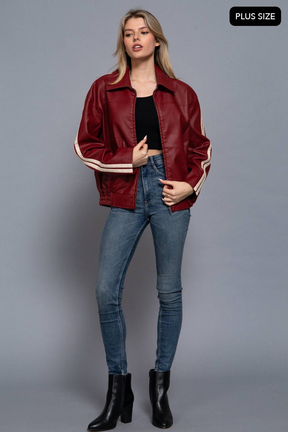 Active Basic | Active USA - Wholesale Leather Jacket - Women's - [PLUS SIZE] Long Sleeve Line Detail Faux Leather Jacket9