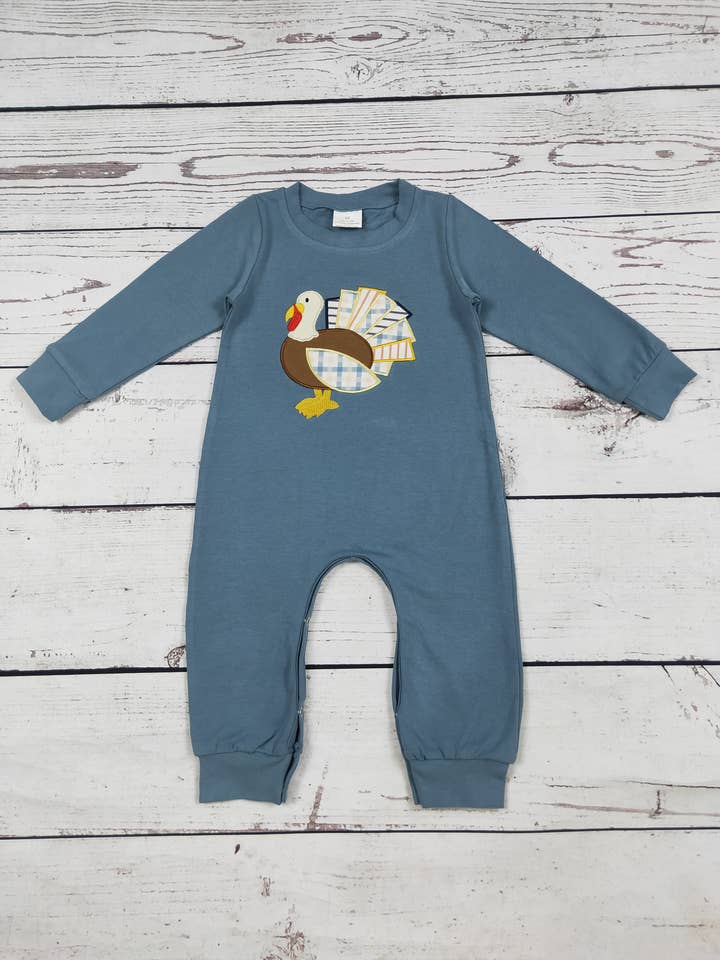 Baby Boy Turkey Appliqué Thanksgiving Day Romper for wholesale by sassy kids palace