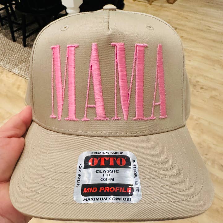Beige MAMA PUFF EMBROIDERY TRUCKER HAT for wholesale on Faire0