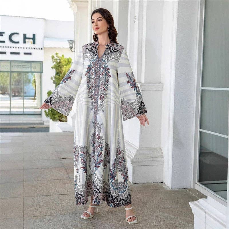 WHITE Stand Collar Print Crystal Beaded Abaya Dress for wholesale on Faire1