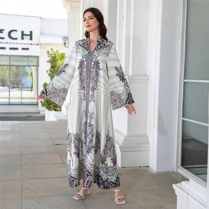 WHITE Stand Collar Print Crystal Beaded Abaya Dress for wholesale on Faire1