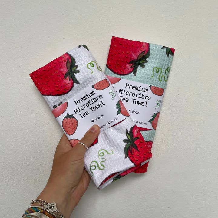 The Flower Girl Studios – wholesale Tea towel – Kitchen Towel Microfibre Strawberry Fruit Mint Green Home2