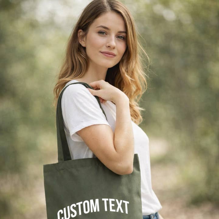 Varsity Custom Organic Tote Bag With Custom Text for wholesale by Lovetree Design