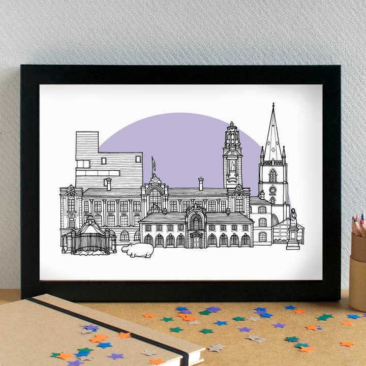 Walsall Skyline Landmarks Art Print - unframed for wholesale by Becka Griffin Illustration