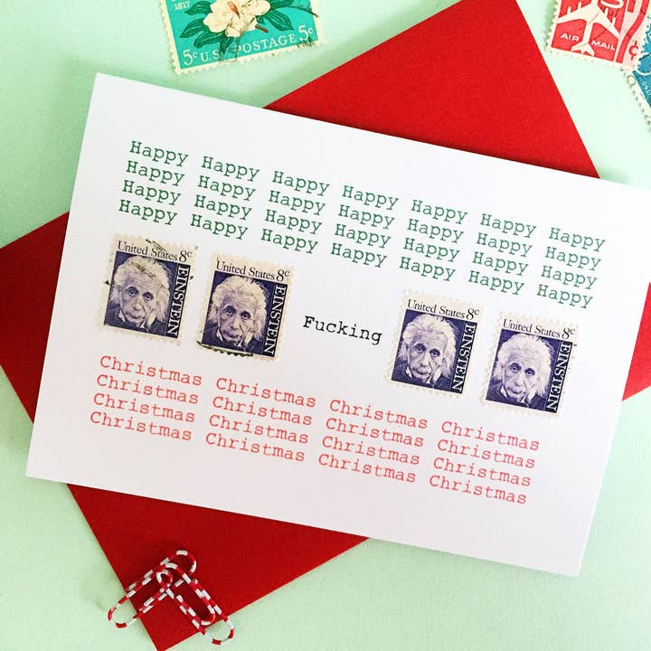 Biglietto di auguri HAPPY FUCKING CHRISTMAS per la vendita all'ingrosso da parte di fracas studios.