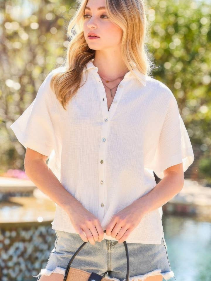 Collar Neck Button Down Sides Slit Oversized Solid Shirt Top for wholesale by Bandanas Wholesale