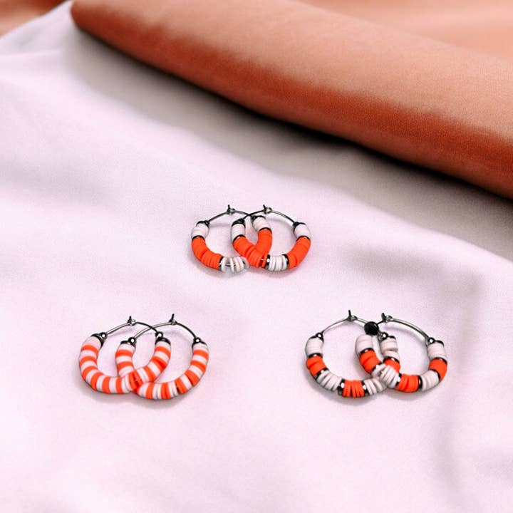 Orange and White Heishi Bead Hoop Earrings for wholesale by Fish Towne Designs, LLC