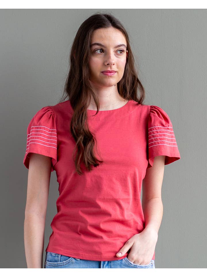 Linear Red Short Sleeve Fitted Top for wholesale on Faire