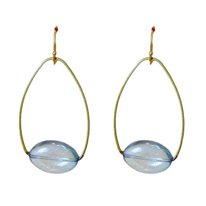 Blue Pressed Glass Inset Matte Gold Oval Earrings for wholesale by Deborah Grivas Designs