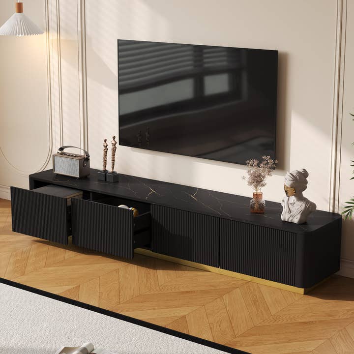 HOMYCASA DESIGN INC - Wholesale Console Table - ON-TREND Luxury Fluted TV Stand for TVs Up to 85', Faux Marble Tabletop Media Console with 4 Drawers, Curved Profile Design, Modern Entertainment Center with Gold Base for Living Room, Black1