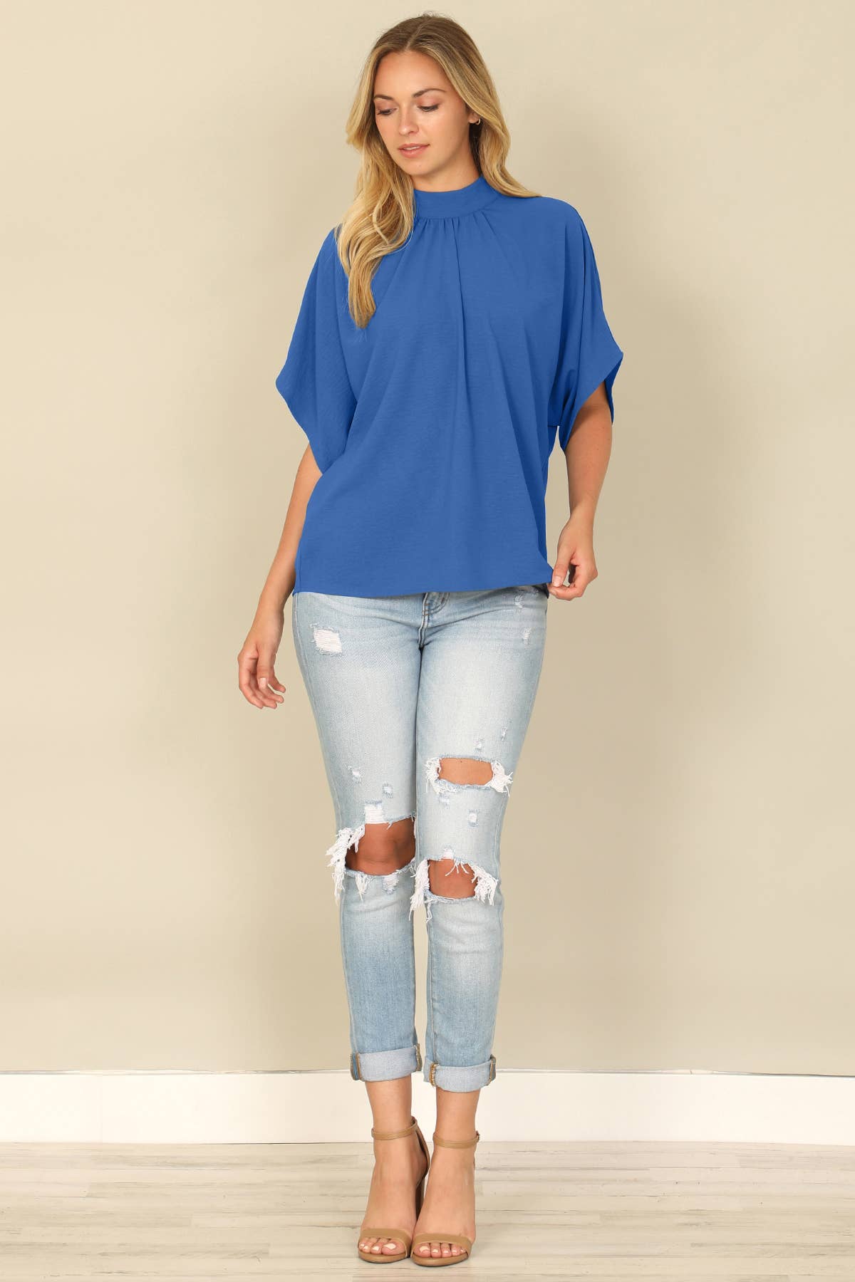 You & Me – Großhandel Bluse – Damen – YMT20083V-SOLID RÜCKENBAND DOLMAN-ÄRMEL HOCHHALS-TOP17