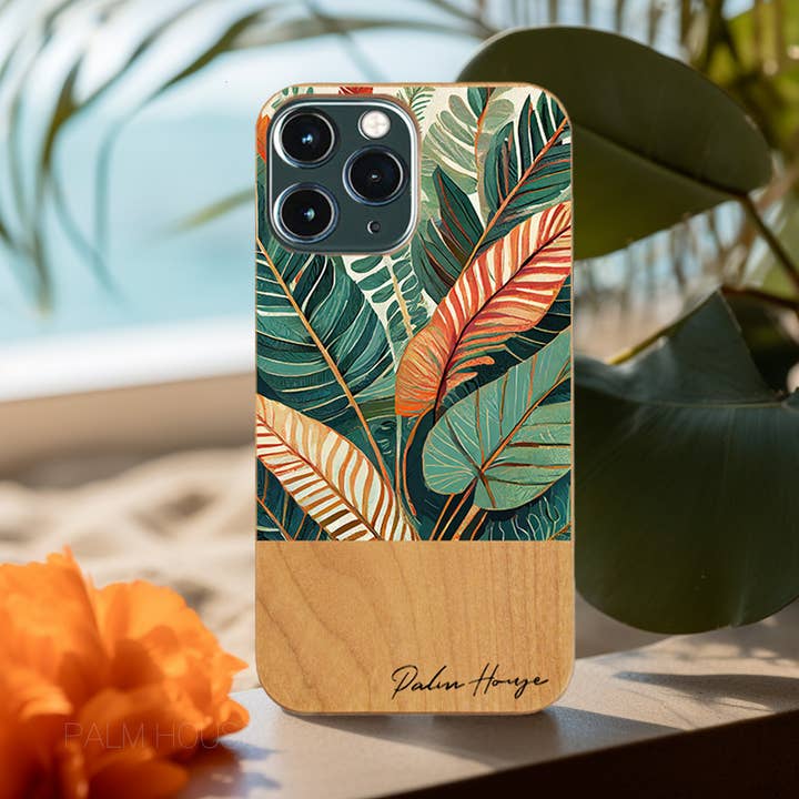 Real Wood iPhone Case, Red & Green Leaves, Made in Japan for wholesale by Palm House
