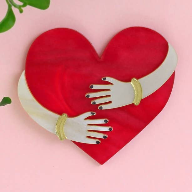 Red Peach Heart Hug Brooch for wholesale on Faire0