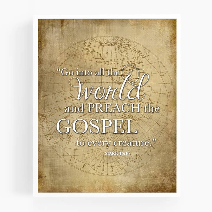 Mark 16:15 | Bible Verse Art Print | Antique World Map for wholesale by Scripture and Grace