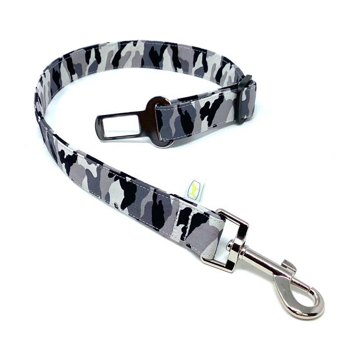 Grey Camouflage Adjustable Dog Seat Belt For Car Safety for wholesale by EcoDogDesigns