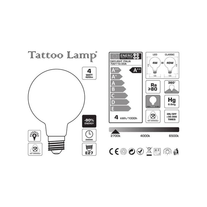 LIGHTINUP S.R.L. - Wholesale Accent/Desk Lamp - LED Bulb Globe G125 Short Filament Tattoo Line Lamp® Model5