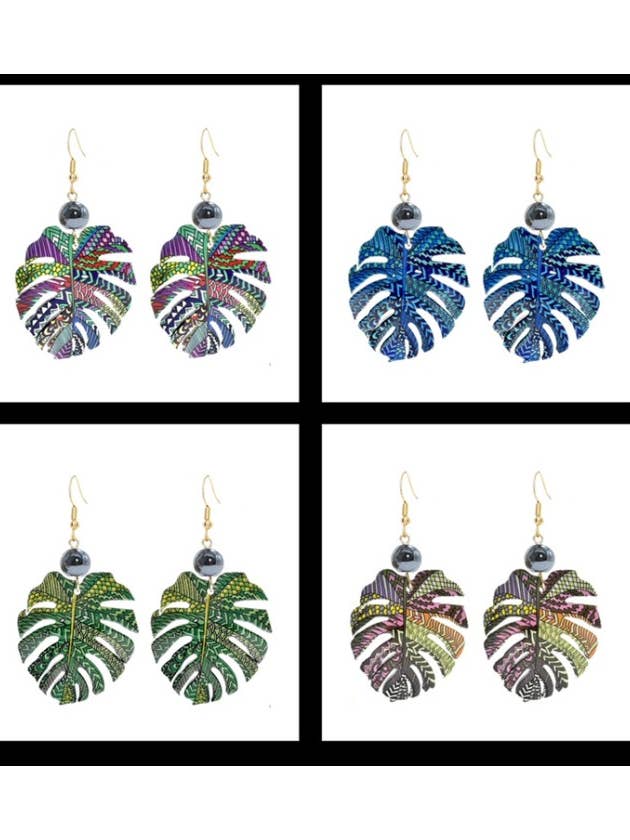 Acrylic Painted Green Monstera Leaf Earrings for wholesale by DK Hawaii