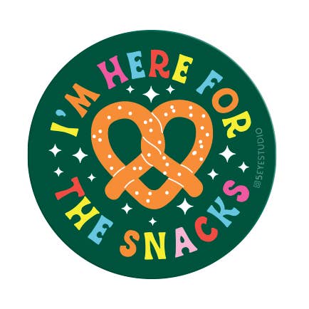 I'm Here for the Snacks Pretzel Circle Vinyl Sticker for wholesale by 5 Eye Studio