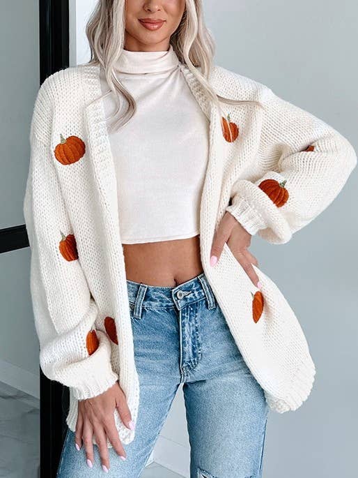 Open Front Pumpkin Embroidered Cardigan for wholesale by Rosa Clothing