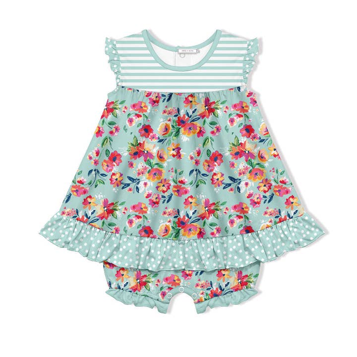 Kids Mint Flowering Skirted Bubble Romper for wholesale by Millie Loves Lily