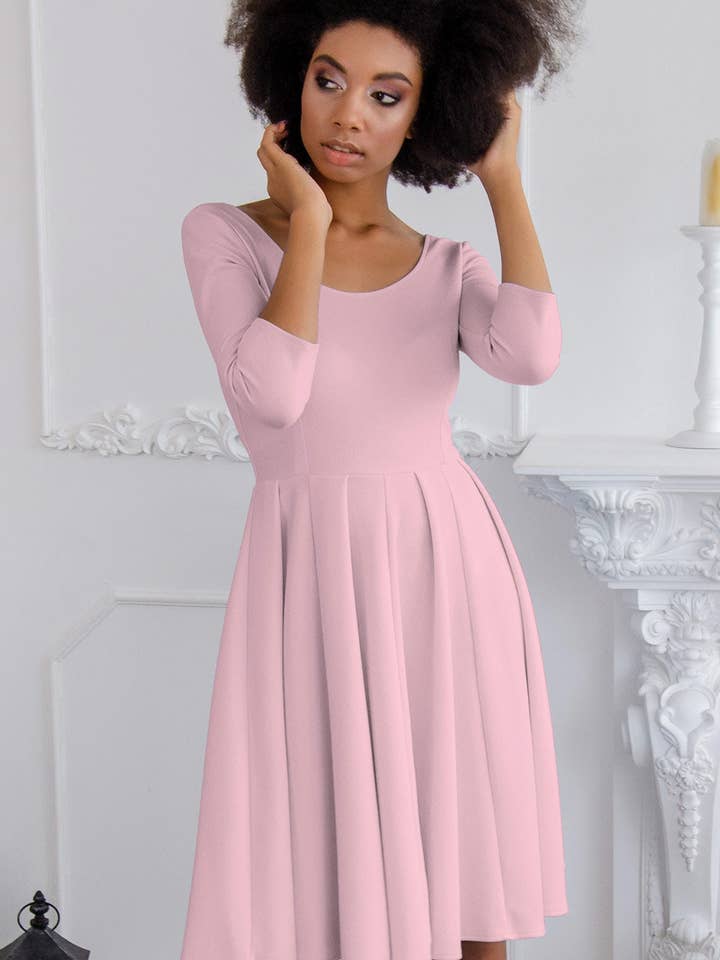 Baby Pink Blush Skater 3/4 Sleeve Easter Cocktail Party Dress - Women for wholesale by Pineapple Clothing