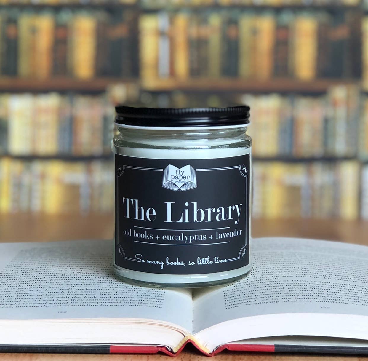 Fly Paper Products - Wholesale Jar/Filled Candle - The Library 9oz Candle Old Books + Eucalyptus + Lavender1