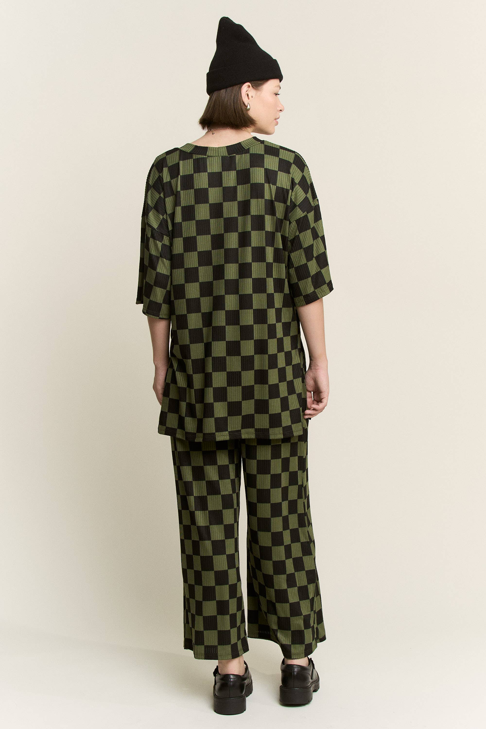 JADE BY JANE - Wholesale Lounge Set - Women's - RIBBED CHECKERED PRINT TOP/STRAIGHT LEG PANTS SET43