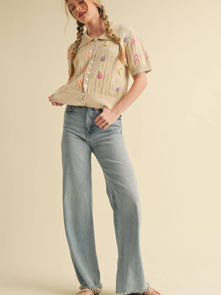 &MERCI - Wholesale Knit Sweater - Women's - HAND EMBROIDERED SHORT SLV BUTTON DOWN SWEATER MSW109533