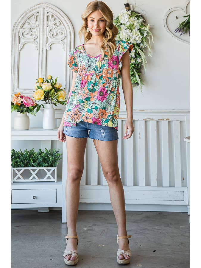 7th Ray - Vendita all'ingrosso Camicetta - Donna - Top a maniche svolazzanti con stampa floreale multicolore Baby Doll T51658