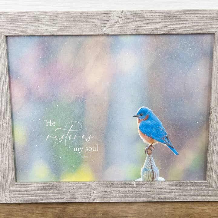 Signe chrétien d'art religieux He Restores My Soul Bird pour la vente par Summer Snow Art