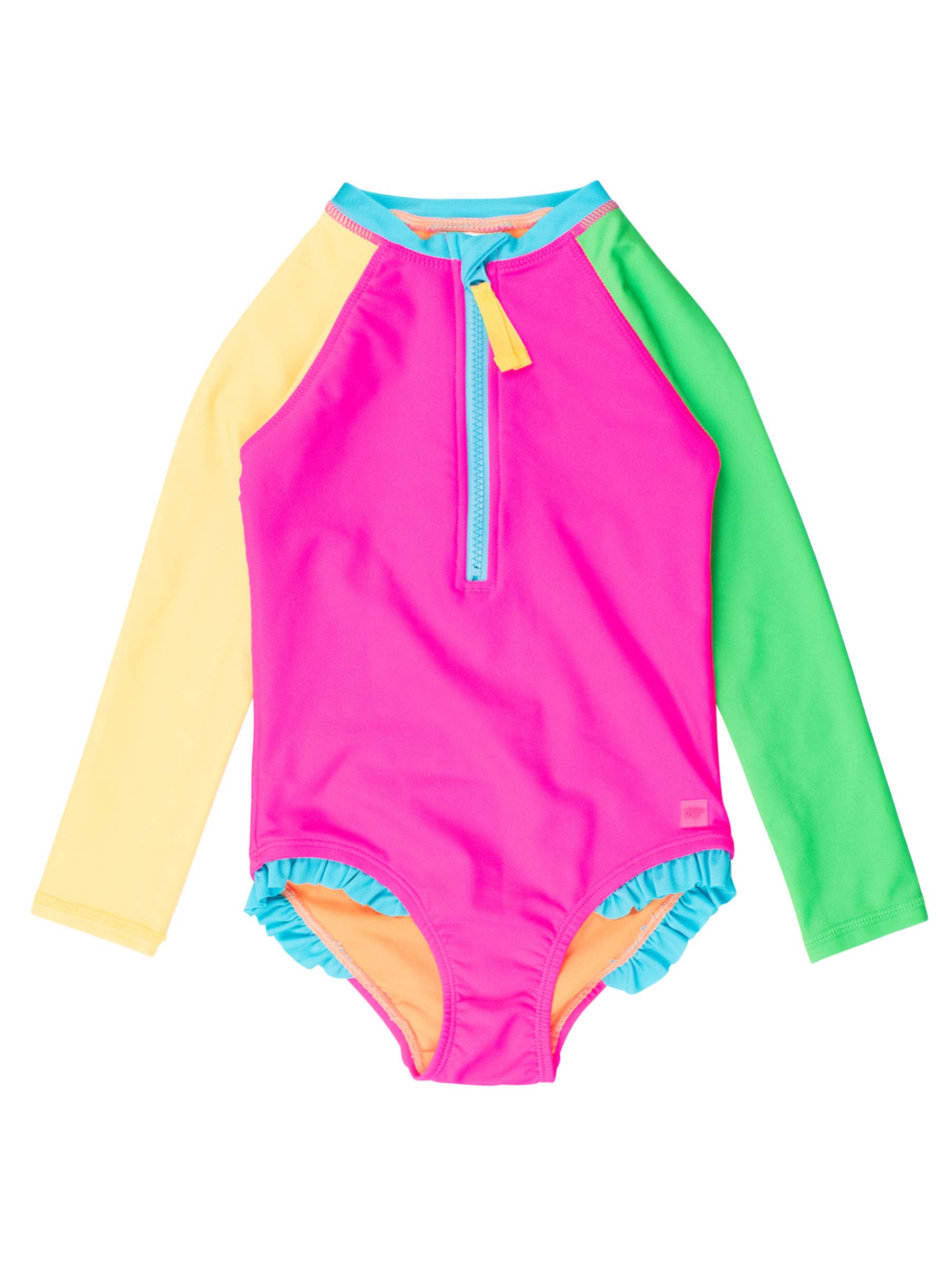 Pink Girls Neon Color Block Long Sleeve One Piece Rash Guard Swimsuit for wholesale on Faire0