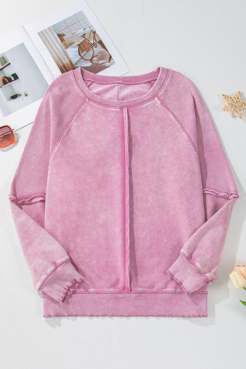 FULL TIME PURCHASE - Wholesale Sweatshirt - Women's - Solid Waffle Knit Patchwork Raglan Sleeve Sweatshirt15