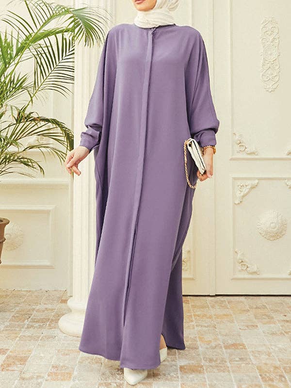 StyleGalX - Wholesale Dress - Women's - Batwing Sleeves Loose Buttoned Muslim Solid Color Split-Side Round-Neck Maxi Dresses