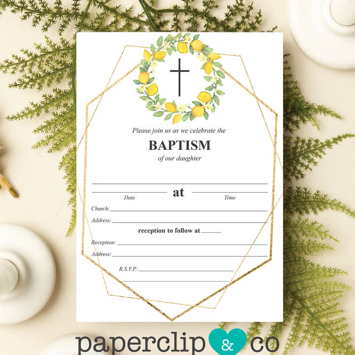 Uitnodigingsset Citroenen en gouden doop in de blanks voor wholesale door Paperclip & Co