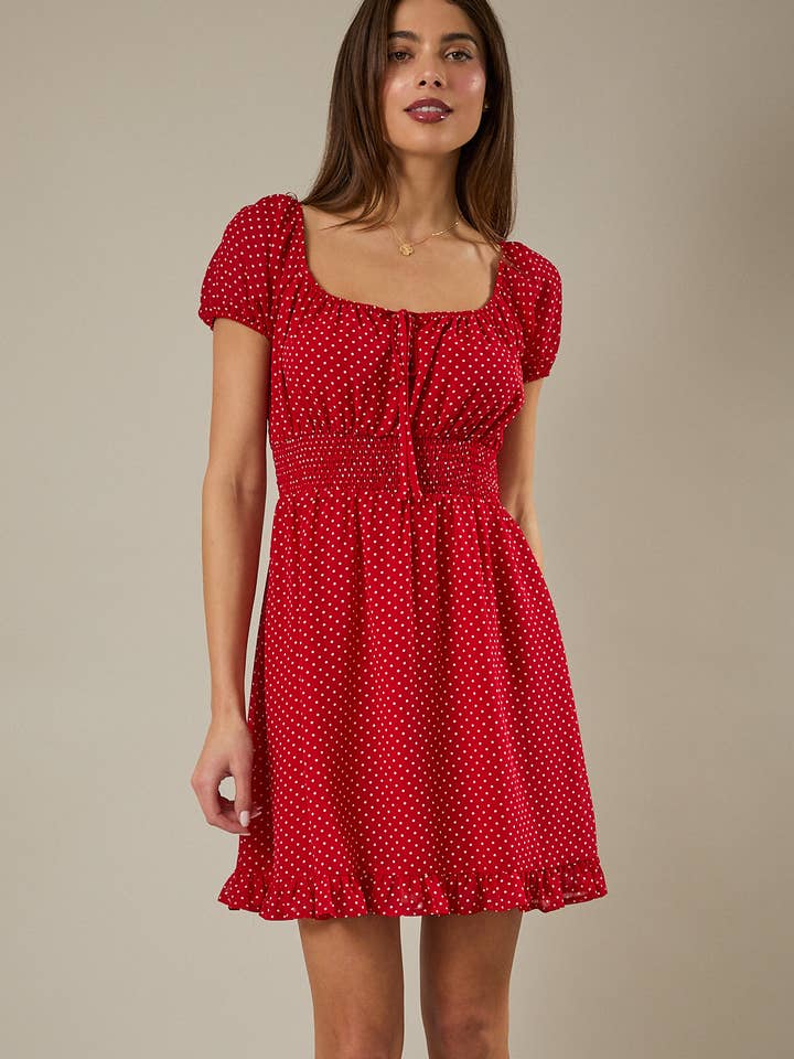 PUFF SHORT SLEEVE SMOCKED WAIST POLKA DOT MINI DRESS for wholesale by Sunday Edition