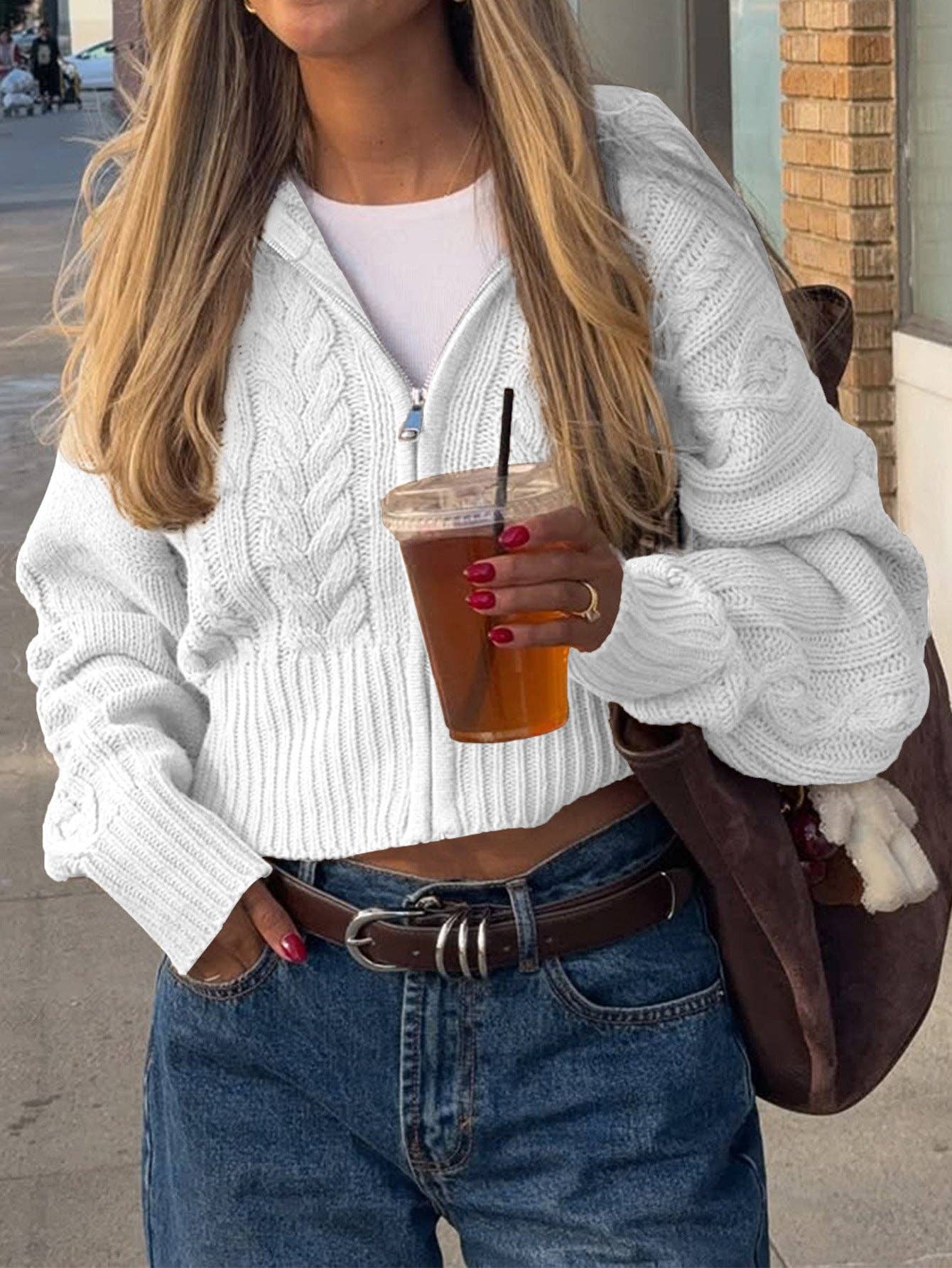 Suhkasana - Venta al por mayor Sudadera con capucha - Mujer - Chaqueta con capucha de punto sólido para mujer, suéter corto de manga larga con cremallera.13