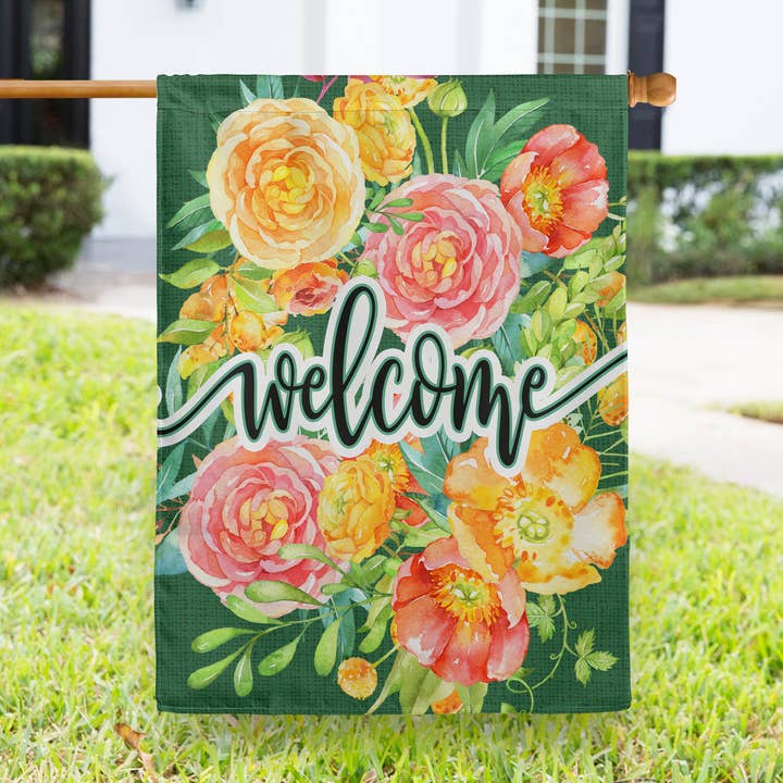 House Flag - Welcome Green Bright Farmhouse Flowers for wholesale by Boutique Monogram
