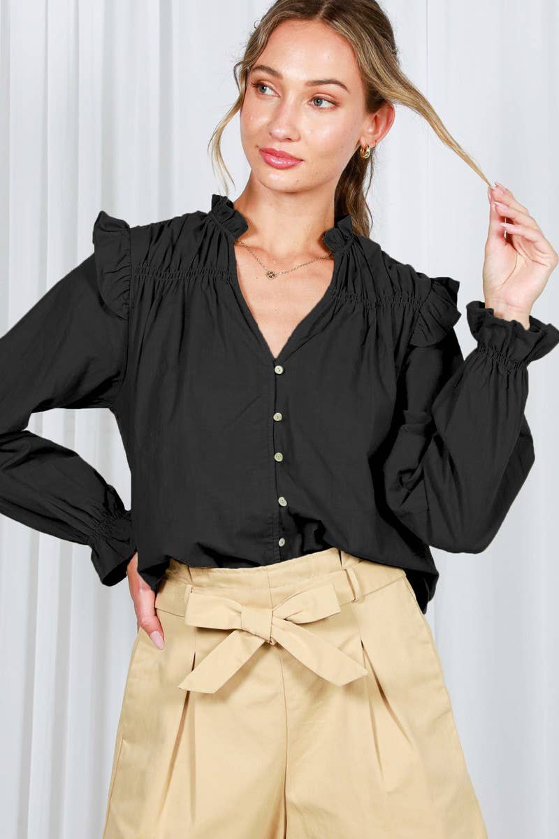 Vine & Love - Vente Chemisier – femme - Blouse à manches longues bouffantes avec col en V à volants 100 % coton VT8231525