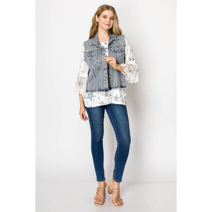 Stunning Denim Vest With Stripe Sparkle Designs – 4841SW DENIM for wholesale by Origami Apparel ~ Lace and Crochet inspired