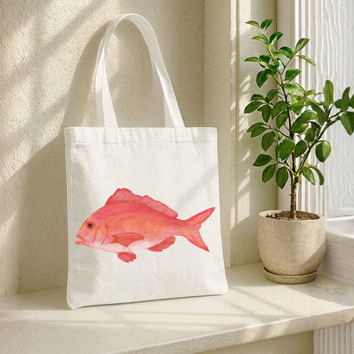 Canvas Tote Bag with Red Snapper Illustration for wholesale by MerikaArt