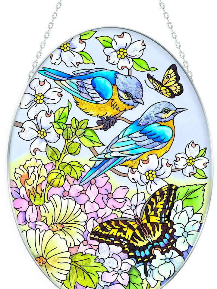 Ciel bleu, oiseaux bleus - Attrape-soleil ovale en verre moyen 7" x 5,5" pour la vente par Bridgeton Hall