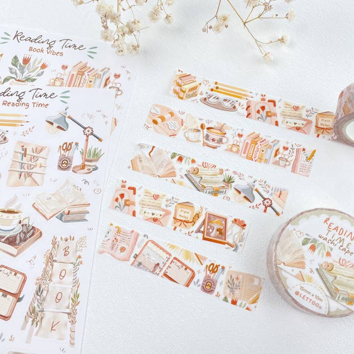 Lettoon - Vendita all'ingrosso Nastro washi - Washi Tape Reading Time con libri, fiori e piante2